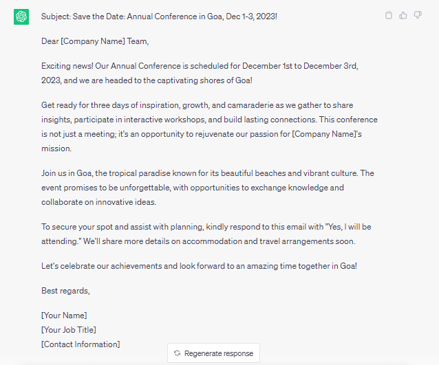 ChatGPT Answer for an Announcement Email Template