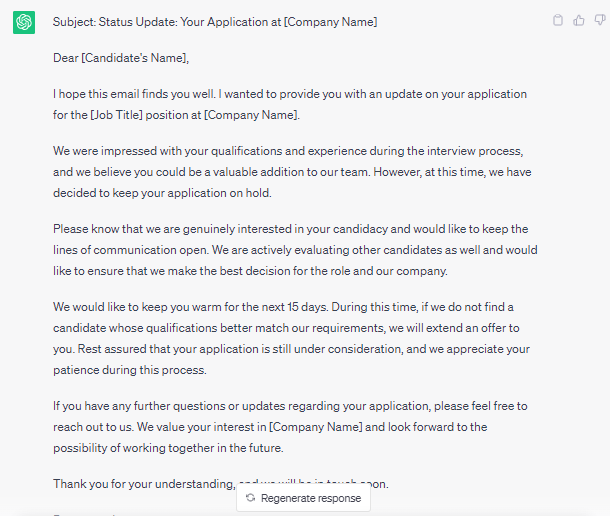 ChatGPT answer for email to employee keep employee on hold