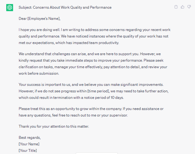 ChatGPT prompt for Addressing Employee Performance Issues