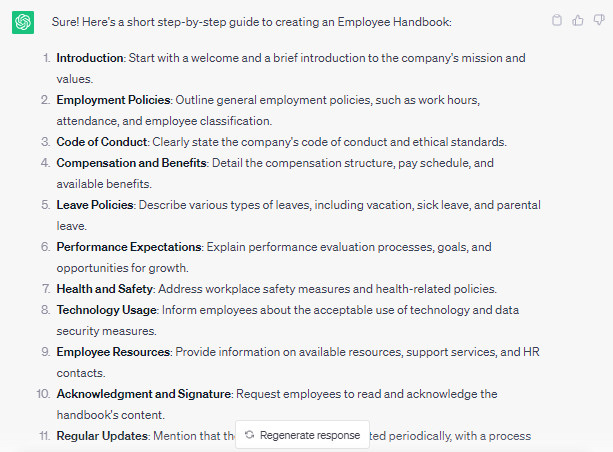 ChatGPT prompt for Creating an Employee Handbook 
