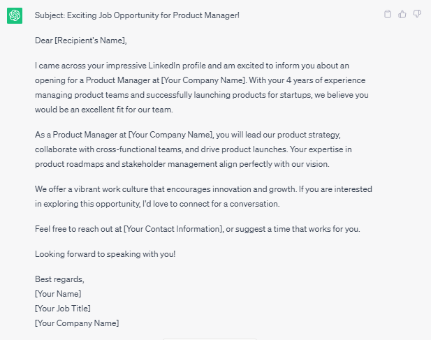 ChatGPT prompt for Linkedin outreach message for candidate